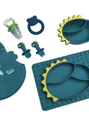 Детский силиконовый набор посуды для кормления Дракоша (зелены...