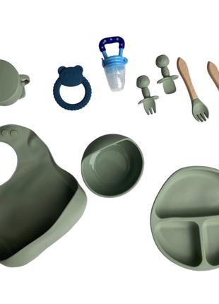 Детский силиконовый набор посуды для кормления оливковый 12 пр...