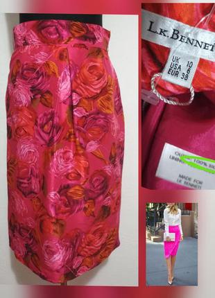 Шелковая юбка миди высокая посадка 100% шёлк в роскошные розы ...