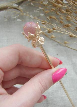 Золотистая заколка шпилька для волос с розовым стеклянным шари...
