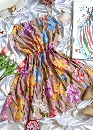 Летнее платье сарафан в цветы ирисы короткое бежевое софт