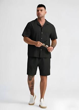Льняной комплект рубашка + шорты (черный)