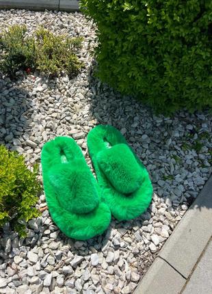Тёплые пушистые женские меховые комнатные тапочки (зеленый цвет)