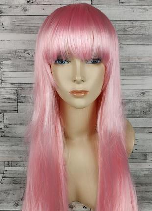 7686 парик розовый прямой с челкой длинный