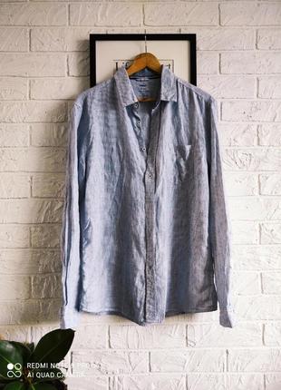 Рубашка сорочка льон 💯 голубая белая полоска celio,l,m,38