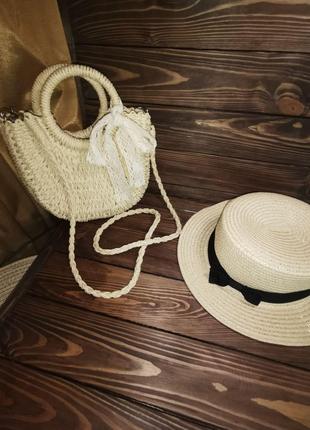 Комплект женская соломенная сумка кремовая и шляпа канотье кре...