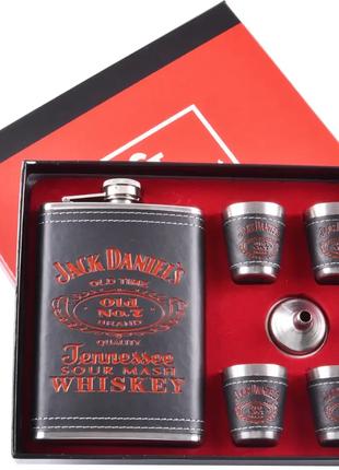 Подарочный набор 6в1 "Jack Daniels" - фляга, рюмки, лейка, 256мл
