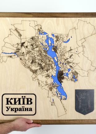 Декоративная карта Киева, деревянная картина, карта в рамке