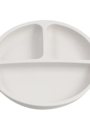 Тарелка круглая силиконовая секционная на присоске Бело-серая ...