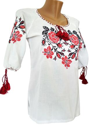 Рубашка женская домотканая вышитая Белая Вышиванка красные цве...