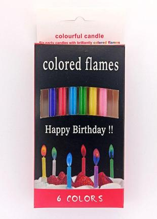 Свечи для торта с разноцветными огоньками, 6 шт в наборе, 8,5см
