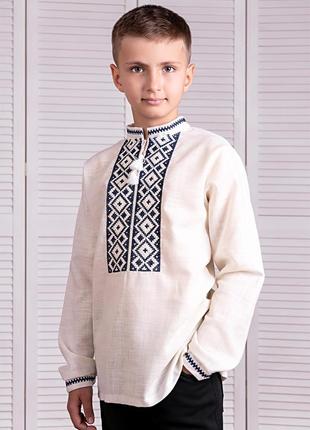 Рубашка Вышиванка для мальчика белый лен синяя вышивка 116 - 134