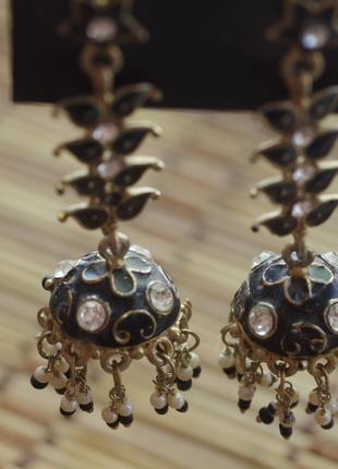 Серьги джумки длинные с эмалью и кристаллами . этно Индия