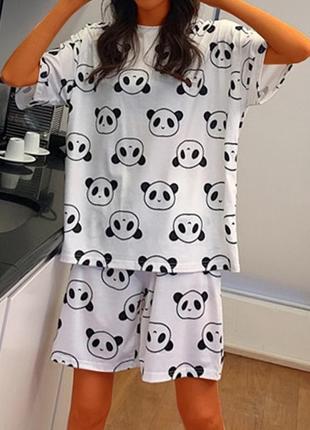 Трикотажня пижама белая с пандами панда