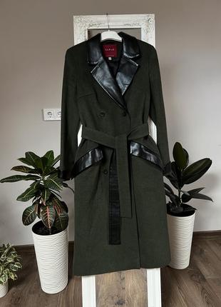 Пальто gepur l зеленое шерстяное пальто оливковое с кожаными в...