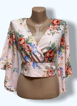 Блуза кроп на запах з широкими рукавами кімоно в квітковий принт