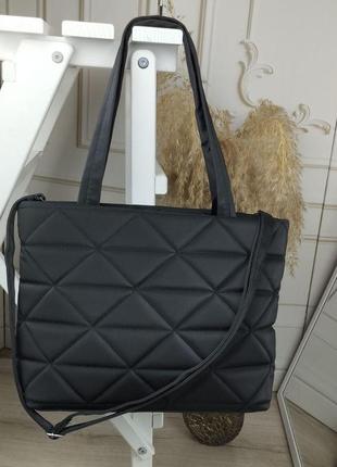 Шикарная большая женская сумка шоппер тканевая стеганая черная