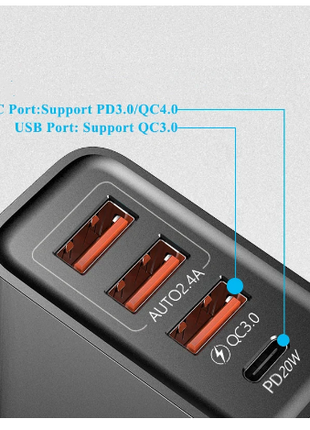 PD USB зарядний пристрій 4 порти, QC3.0 і Type C.