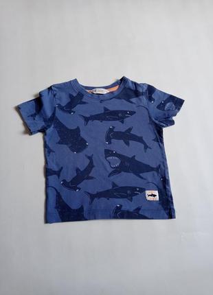 H&m. синяя футболка с акулами на 2-4 года.