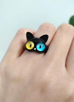 Тренд кольцо черный кот морда котик кольцо кольца черная с ушк...