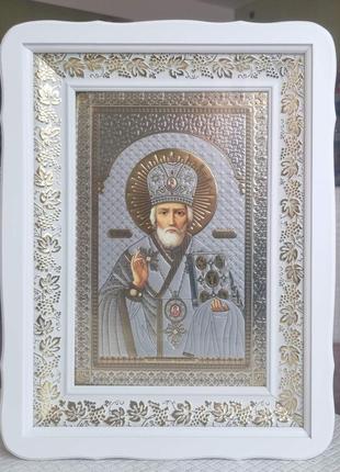 Святой Николай Чудотворец с цветками в багете, икона 42*32см