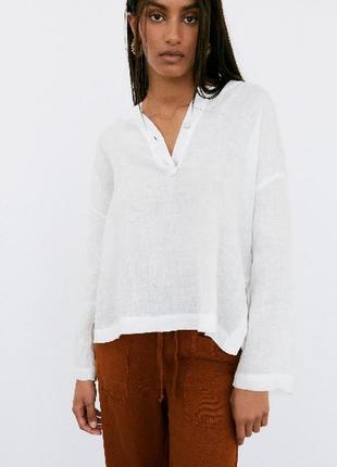 Zara лляна рубашка оверсайз білосніжна розмір l льон