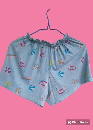 Пляжные голубые шорты хлопковые с фламинго на резинке