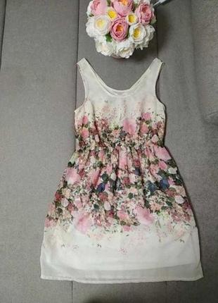Летний сарафан, платье шифон белое цветы