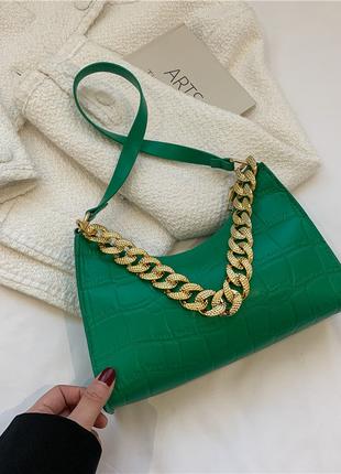 Женская маленькая сумка багет рептилия крокодиловая кожа зеленая