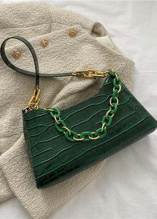 Женская маленькая сумка рептилия багет крокодиловая кожа зеленая