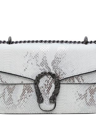 Женская сумка на цепочке кросс-боди с подковой рептилия белая