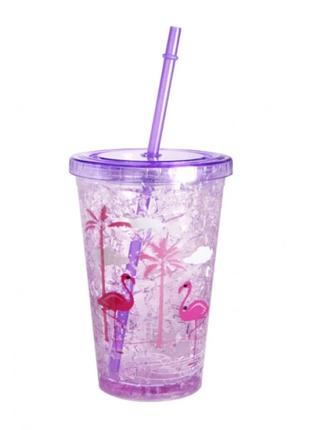 Охлаждающий стакан с трубочкой Фламинго фиолетовый 500 мл