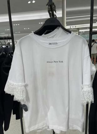 Белая футболка оверсайз с кружевом zara, р.m