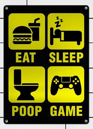 Табличка интерьерная металлическая Eat, sleep, poop, game