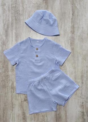 Костюм муслиновый детский для мальчика (футболка, шорты, панамка)