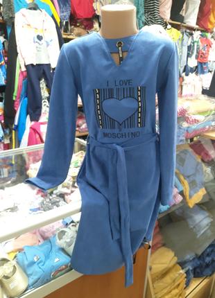 Подростковое вельветовое синее платье для девочки размер 140 146