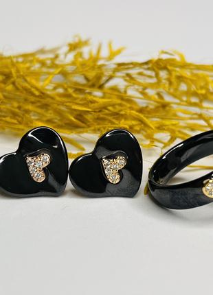 Набор украшений из чёрной керамики кольцо и серьги с сердечком