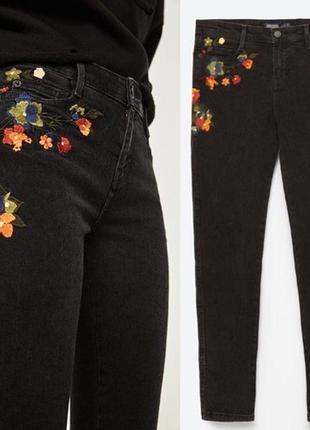 Чорні сірі джинси скіні стрейч із квітковою вишивкою американк...