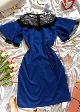 Сукня синього кольору електрик з пишними рукавами з фатином