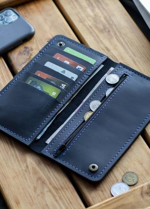 Синее кожаное портмоне кошелек с монетницей из натуральной кож...