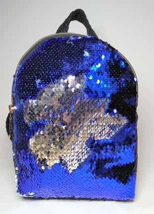 Жіночий рюкзак паєтки, синій, синьо-сріблястий