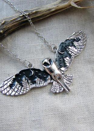 Ожерелье серебристое с совой крупный кулон с птицей серебристы...