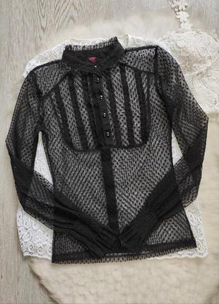 Черная короткая блуза сетка в горошек ажурная вышивка прозрачн...