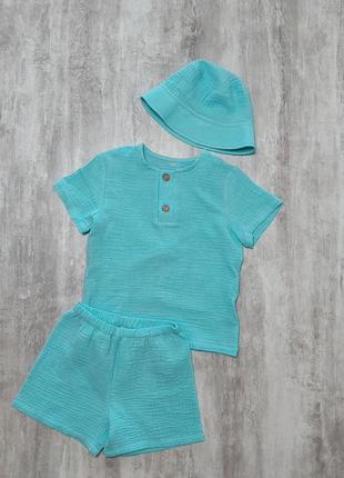 Костюм муслиновый детский для мальчика (футболка, шорты, панамка)