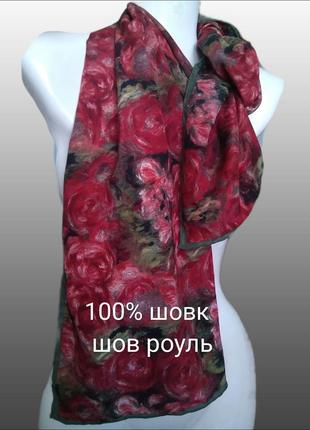Роскошный шелковый шарф fox&chave с акварельными розами/100% шелк