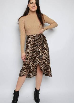 Шикарная юбка-миди леопард с рюшами на запах