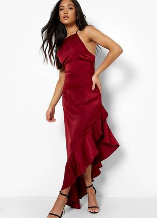 Красивое бордовое сатиновое платье boohoo