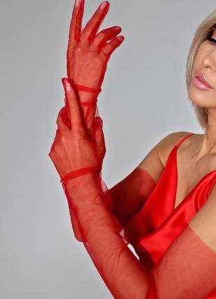 Длинные красные перчатки из фатина, фатиновые прозрачные перчатки