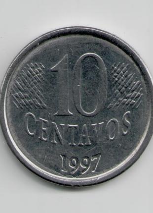 Монета Бразилия 10 сентаво 1997 года
