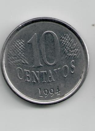 Монета Бразилия 10 сентаво 1994 года